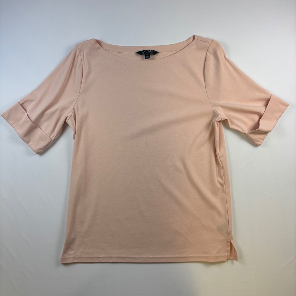 Lauren Ralph Lauren Peach Boat Neck Cuffed Elbow Sleeve Top XL Cotton Blend